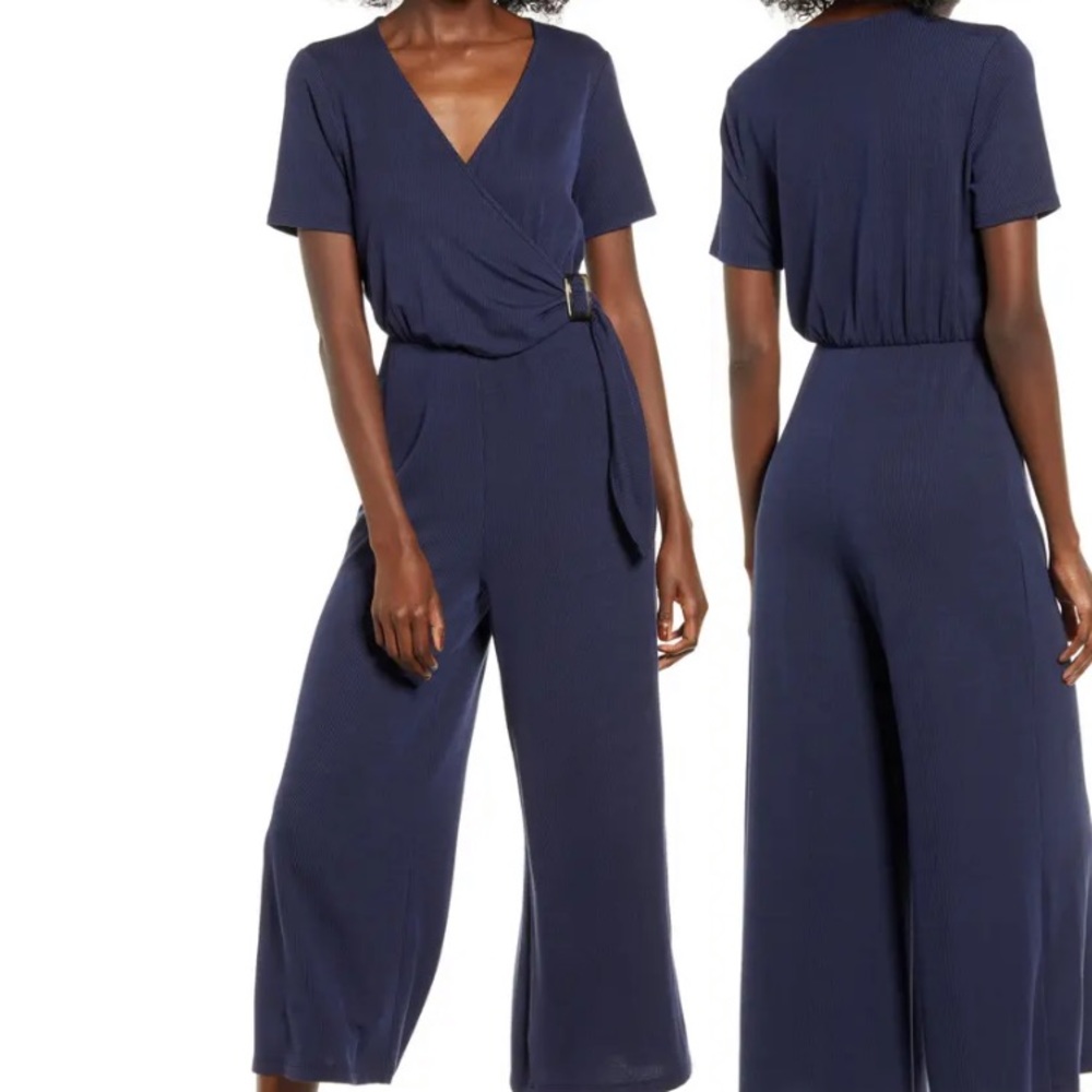 NWT All in Favor Ribbed Surplice Wide Leg Crop Jumpsuit in Navy Blue